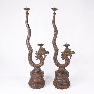 Vintage metal dragon candlesticks, Naga old Siam Thai dragon serpent altar decor